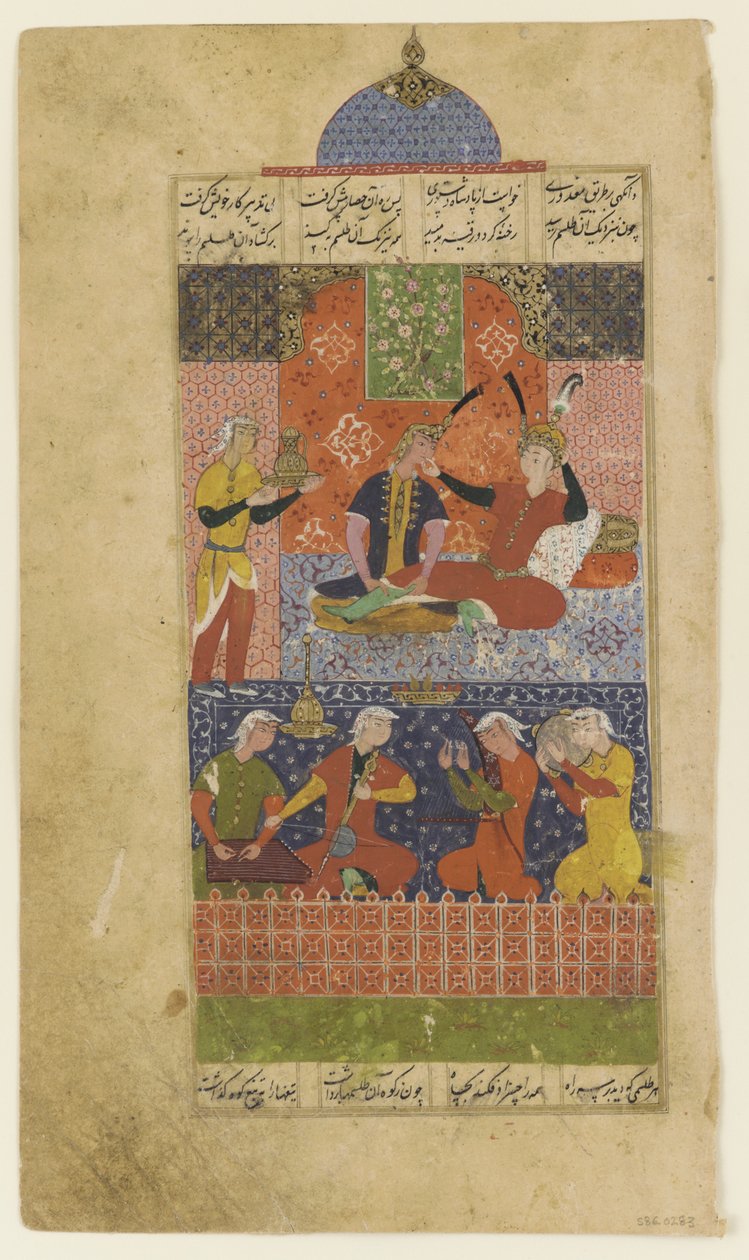 Folio khamsasta: Bahram Gur ja prinsessa punaisessa paviljongissa, n. 1560 tekijältä Persian School