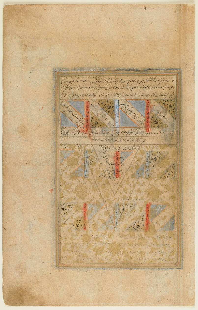 Folio Rawdat al-safasta (Puhdaspuutarha), kirjoittanut Mirkhwand (k.1498) Shiraz, Iran, Safavid-kausi, 1571-72 (läpinäkymätön akvarelli, muste ja kulta paperille) tekijältä Persian School