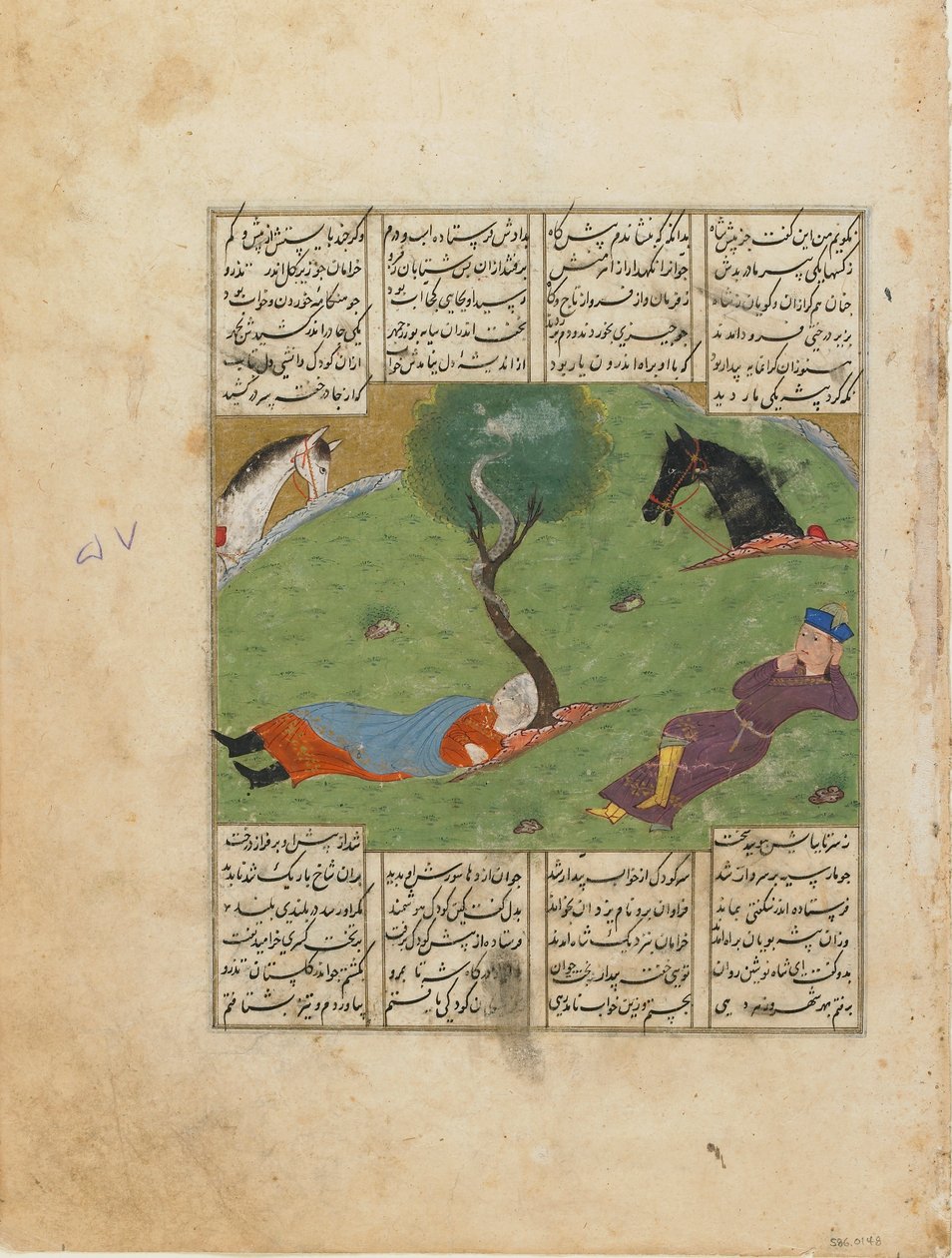 Folio Shahnamasta (Kuninkaiden kirja), kirjoittanut Firdawsi (k. 1020); recto: Nushirwans Dream, Iran, n. 1440 (läpinäkymätön akvarelli, muste ja kulta paperille) tekijältä Persian School