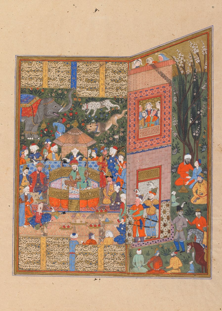 Folio Shahnamasta (Kuninkaiden kirja), kirjoittanut Firdawsi (k. 1020); verso: Salmin ja Turin lähettiläät ennen Faridunia, Shiraz, Iran, Saravid-kausi, n. 1560 (läpinäkymätön akvarelli, muste ja kulta paperilla) tekijältä Persian School