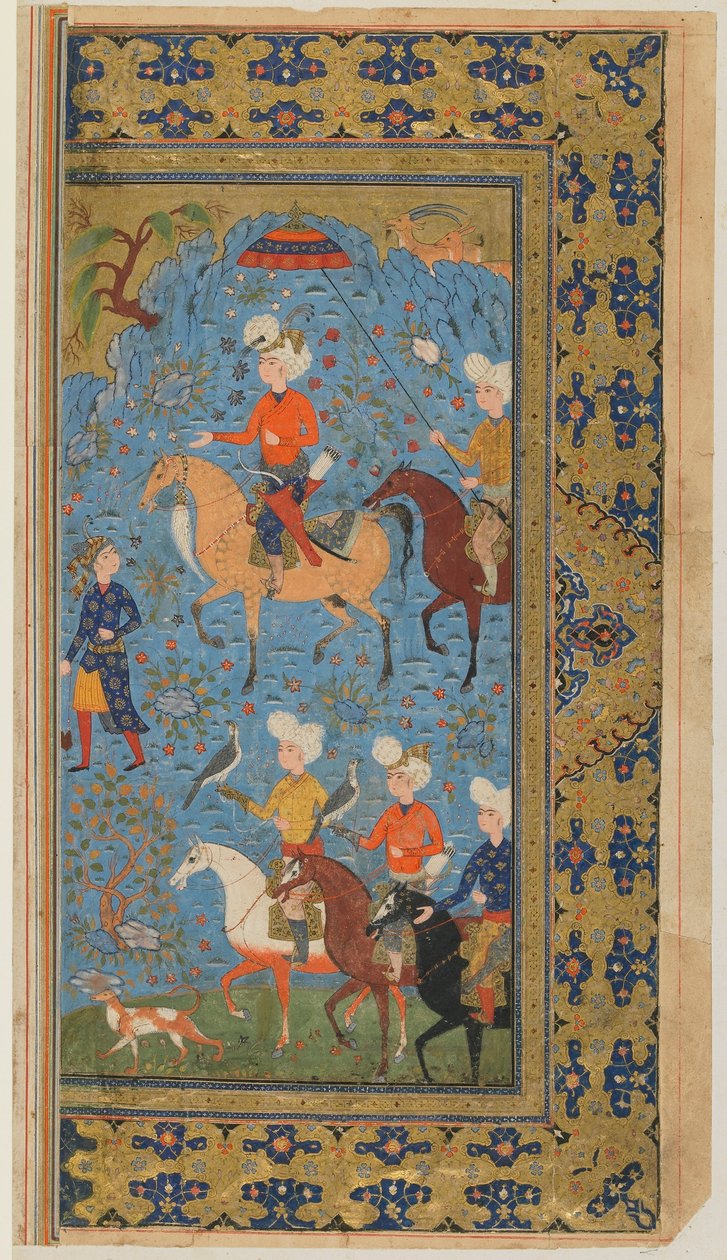 Folio Shahnamasta (Kuninkaiden kirja), kirjoittanut Firdawsi; A Royal Hunt, Iran, n. 1590-1600 (läpinäkymätön akvarelli, muste ja kulta paperilla) tekijältä Persian School