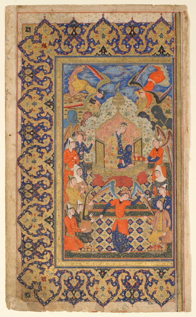 Folio Firdawsin Shahnamasta (kuninkaiden kirja); suora: Bilqis Enthroned; verso: esipuheen teksti, Shiraz, Fars, Iran, Safavid-kausi, n. 1590-1600 (läpinäkymätön akvarelli, muste ja kulta paperilla) tekijältä Persian School