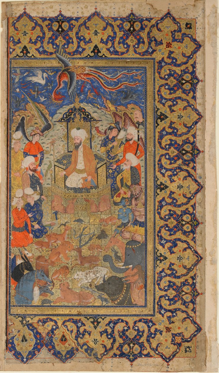 Folio Firdawsin Shahnamasta (kuninkaiden kirja); versio: Sulayman Enthroned, Shiraz, Fars, Iran, Safavid-kausi, n. 1590-1600 (läpinäkymätön akvarelli, muste ja kulta paperilla) tekijältä Persian School