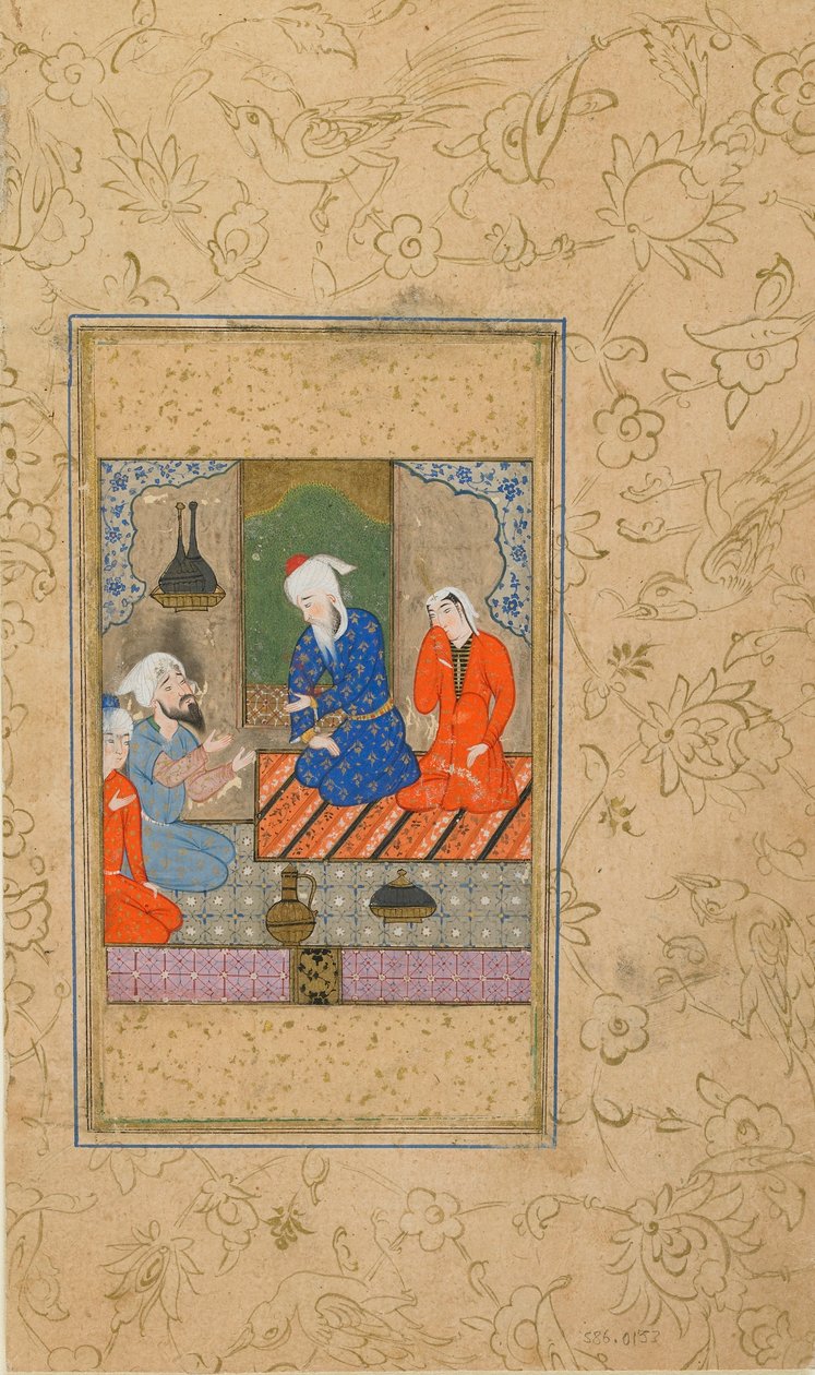 Folio Yusuf U Zulaykha Jami (d. 1492); Zulaykha ja vanhempi mies kuuntele keskustelua, mahdollisesti Mashhad, Iran, C.1560-70 (läpinäkymätön akvarelli, muste ja kulta paperilla) tekijältä Persian School