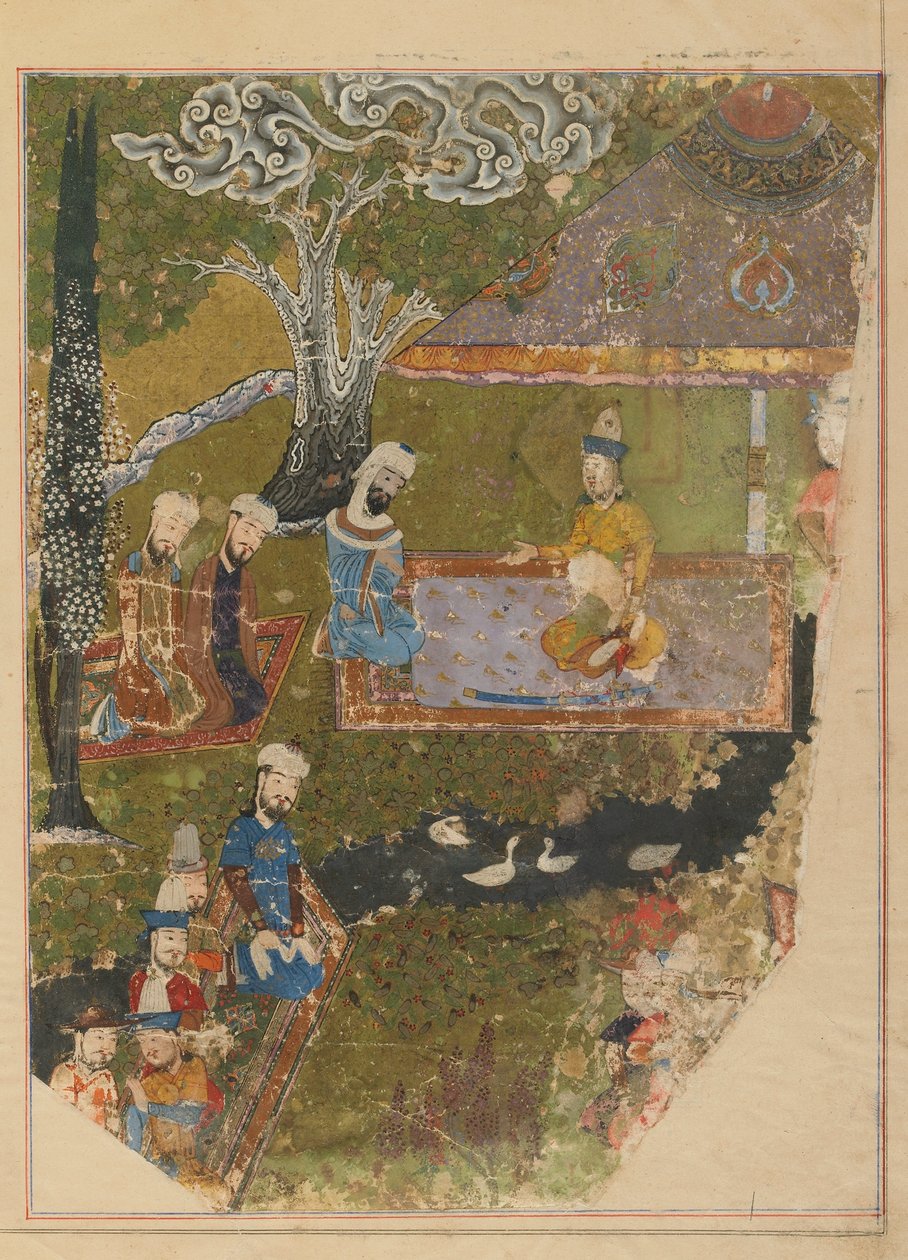 Folio Zafarnamasta; toisinto: Timur jakaa yleisön nouseessaan valtaistuimelle Balkhissa, Shirazissa, Iranissa, Timurid-kaudella (läpinäkymätön akvarelli, muste ja kulta paperilla) tekijältä Persian School
