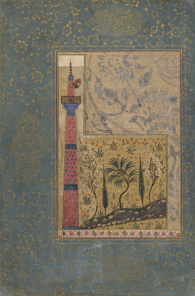 Folio antologiasta; Mies minareetin huipulla, Iran, 1417-1418 (läpinäkymätön akvarelli ja kulta paperilla) tekijältä Persian School
