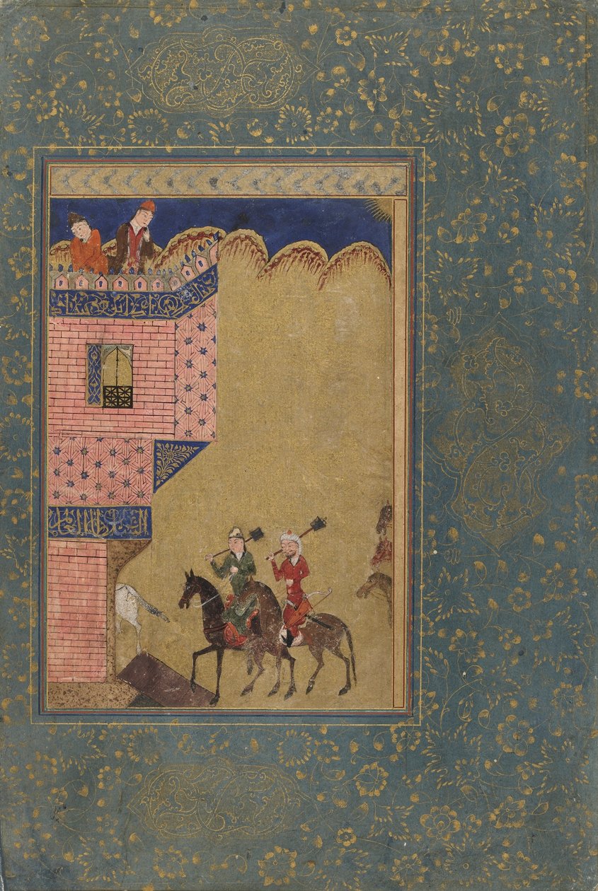 Folio antologiasta; Kaksi ratsastajaa, jotka kantavat nukkeja lähestymässä rakennusta, Iran, 1417-18 (läpinäkymätön akvarelli ja kulta paperilla) tekijältä Persian School