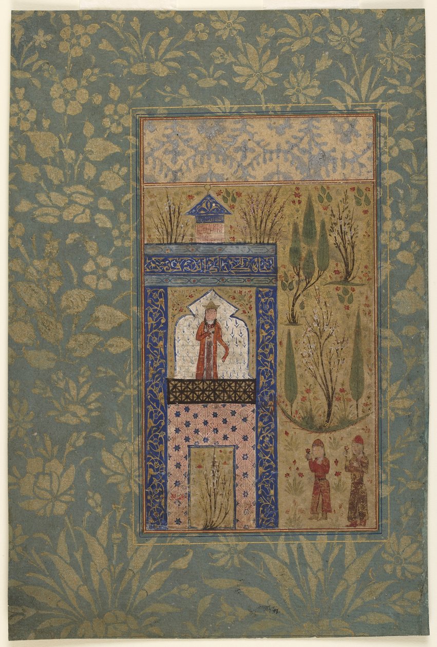 Folio antologiasta; Kaksi nuorta ennen prinsessaa ikkunalla, Iran, 1417-1818 (läpinäkymätön akvarelli ja kulta paperilla) tekijältä Persian School