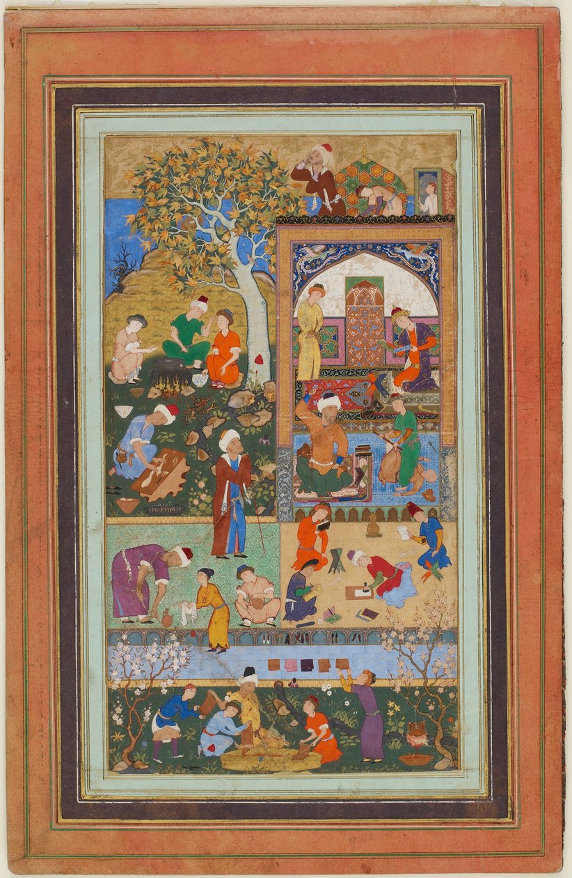 Folio albumista; Koulukohtaus, Tabriz, Iran, Safavid-kausi, n. 1540 (läpinäkymätön akvarelli, mustetta ja kultaa paperilla) tekijältä Persian School