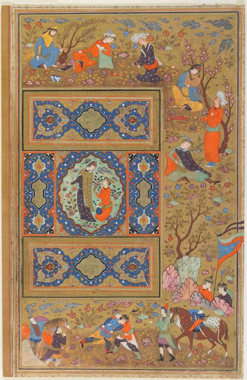 Folio albumista; verso: Pari rakastajaa, Isfahan, Iran, Safavid-kausi, 1590-1610 (läpinäkymätön akvarelli, muste ja kulta paperille) tekijältä Persian School