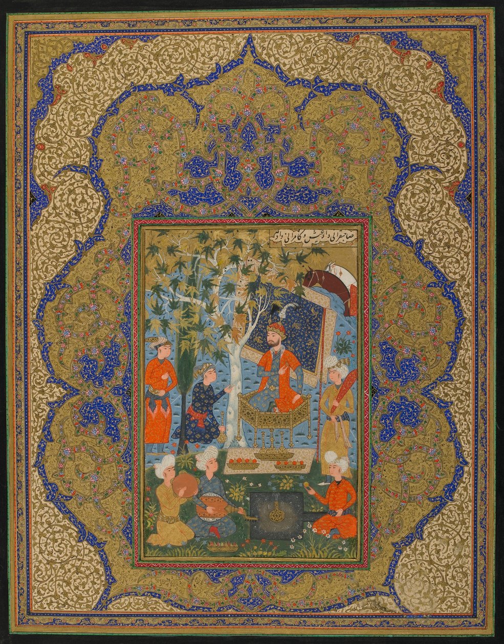 Folio tunnistamattomasta tekstistä; A Ruler Enthroned, mahdollisesti Khurasan, Iran, n. 1590 (läpinäkymätön akvarelli, mustetta ja kultaa paperilla) tekijältä Persian School