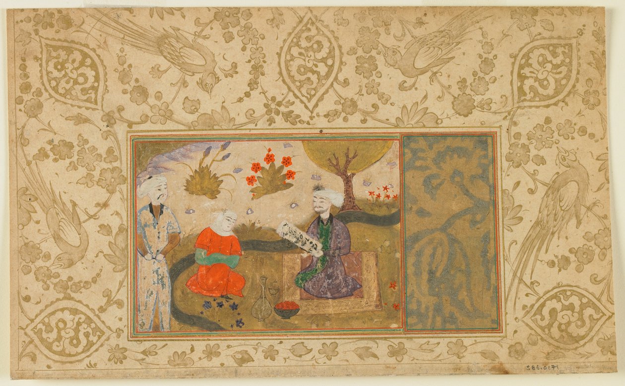 Folio tunnistamattomasta tekstistä; Nainen keskustelee istuvan miehen kanssa virran varrella, Iran, n. 1500 (läpinäkymätön akvarelli, mustetta ja kultaa paperilla) tekijältä Persian School