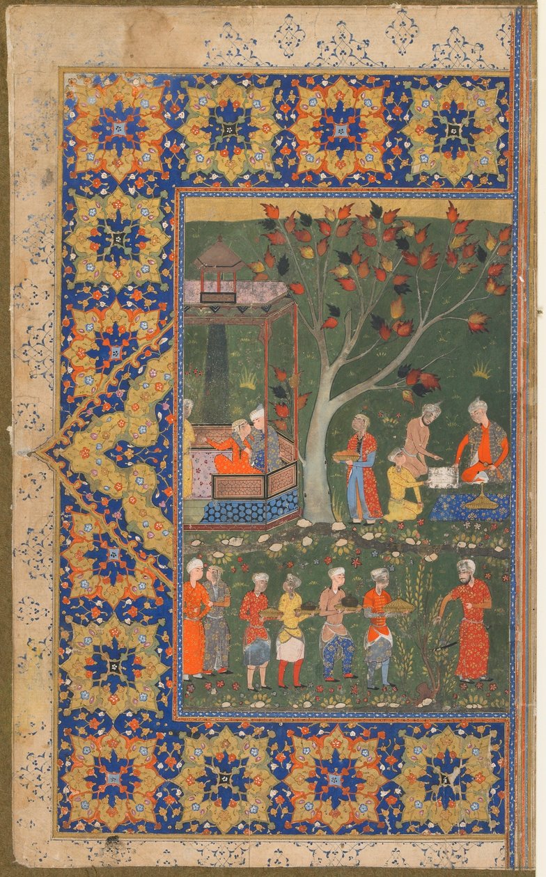 Folio tunnistamattomasta tekstistä; recto: Party in a Garden, Shiraz, Iran, n. 1570 (läpinäkymätön akvarelli, muste ja kulta paperilla) tekijältä Persian School