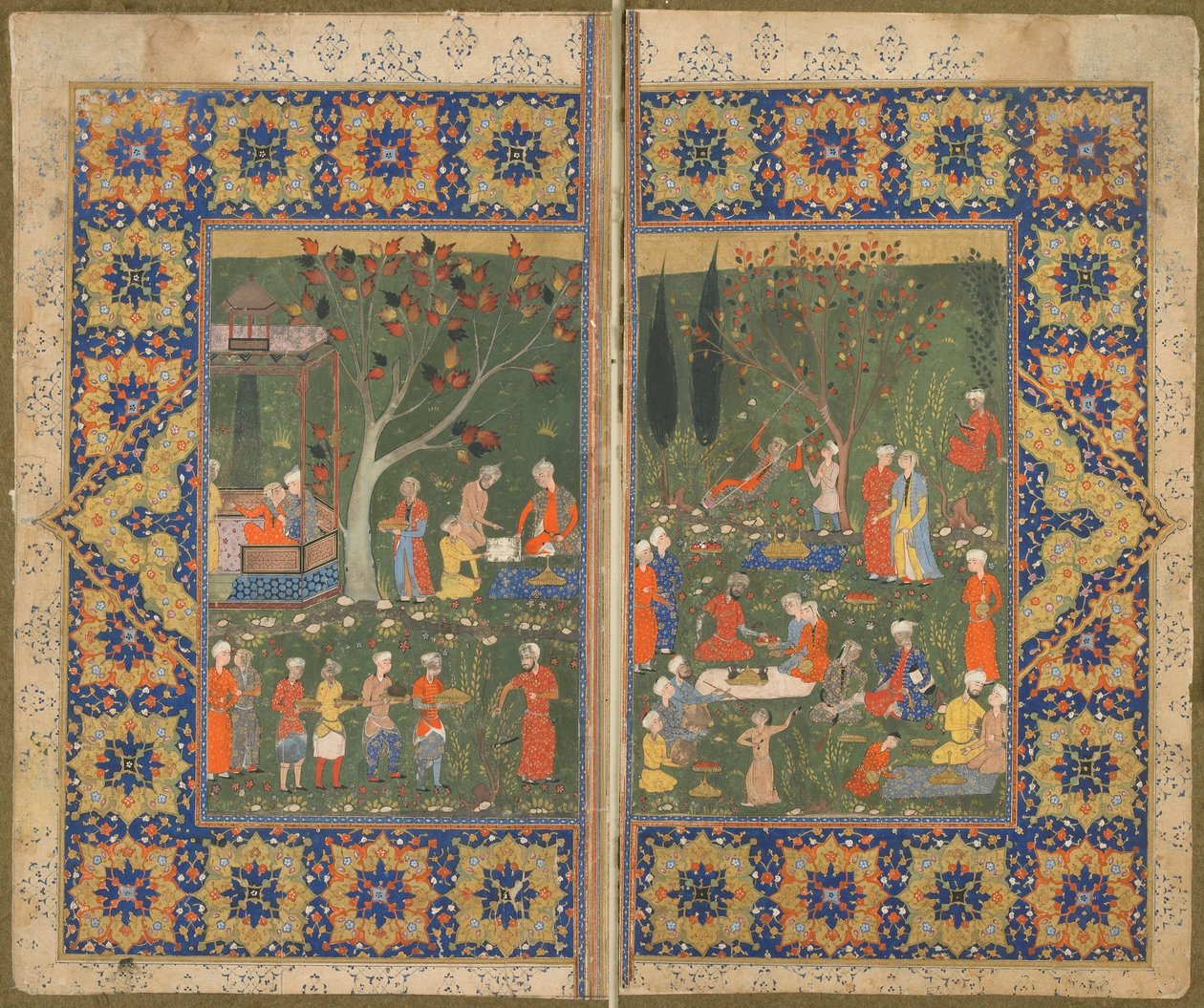 Folio tunnistamattomasta tekstistä; verso: Juhlat puutarhassa, Shiraz, Iran, n. 1570 (läpinäkymätön akvarelli, mustetta ja kultaa paperilla) tekijältä Persian School