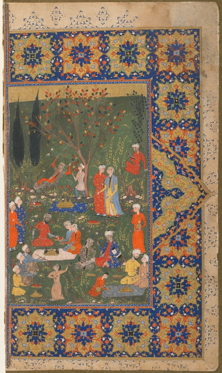 Folio tunnistamattomasta tekstistä; verso: Juhlat puutarhassa, Shiraz, Iran, n. 1570 (läpinäkymätön akvarelli, mustetta ja kultaa paperilla) tekijältä Persian School