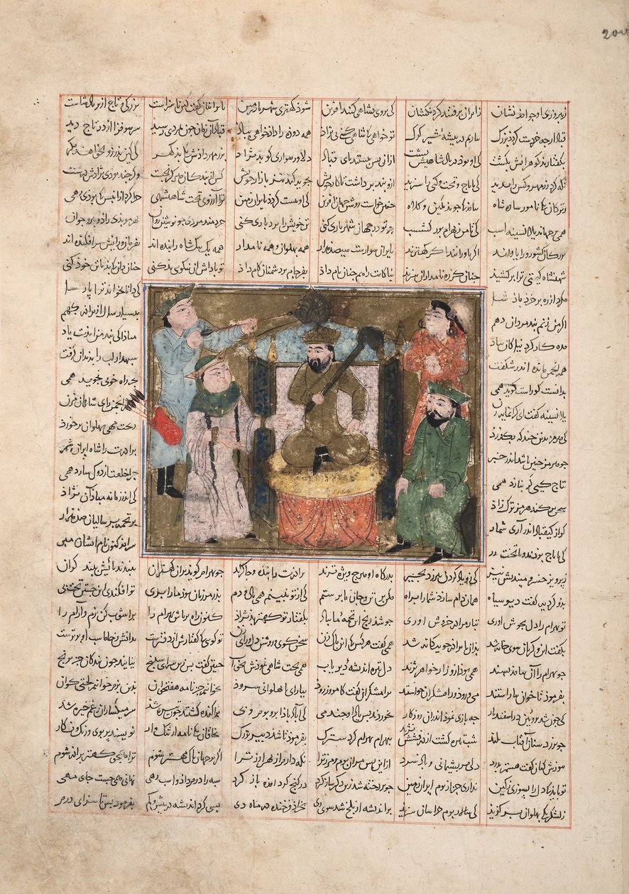 Gordiyeh neuvoo veljeään Bahram Chubinehiä olemaan pyrkimättä Persian valtaistuimelle, n. 1330 (läpinäkymätön wc, kultaa ja mustetta paperilla) tekijältä Persian School
