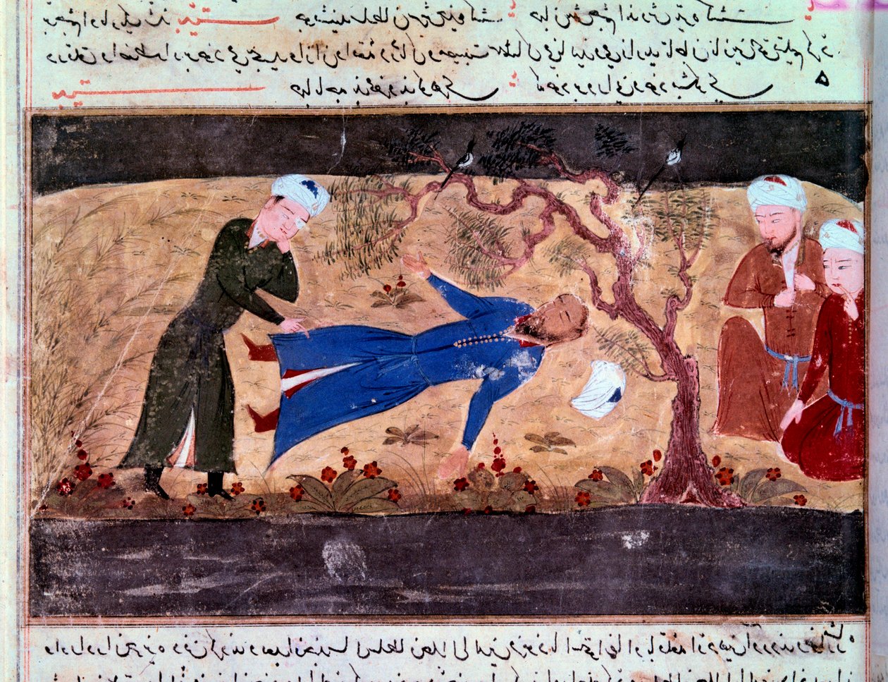 Mongolien historia: Muhammad hwarazmshahin kuolema. Käsikirjoitus "Tarinoiden summa (Djame al-tavarikh) (Djame al-tavarikh)" (Folio 60v), kirjoittanut Rachid al-Din Fazl-ollah (Fazl ollah) Hamadani tekijältä Persian School