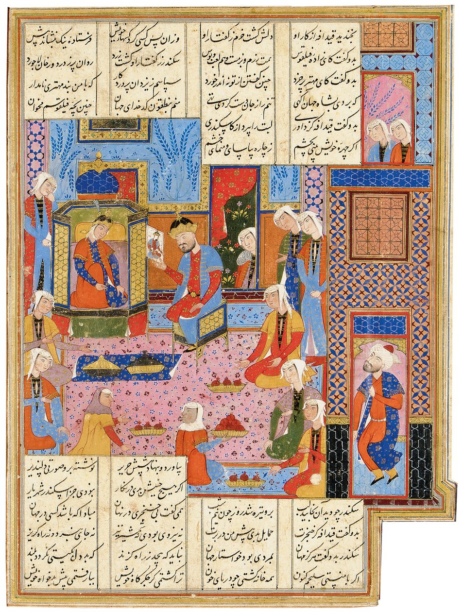 Kuvitus Safavid Shahnamasta: Kuningatar Nushaba tunnistaa lähettilään naamioituneen Alexanderin, Shiraz, Iran, 1650-1700 tekijältä Persian School