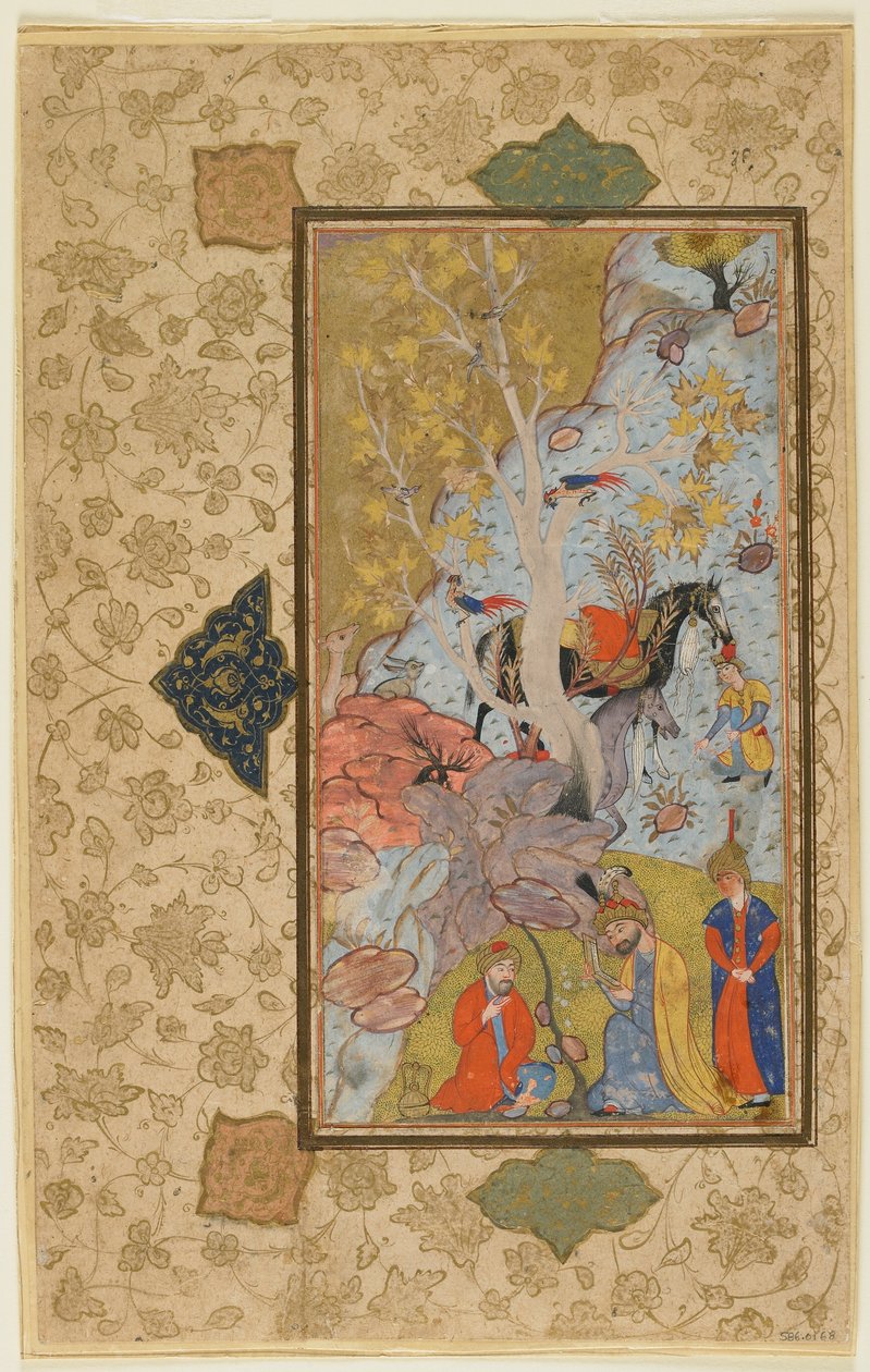 Iskandar vierailee erakossa, Shiraz, Iran, n. 1580-1600 (läpinäkymätön akvarelli, muste ja kulta paperilla) tekijältä Persian School