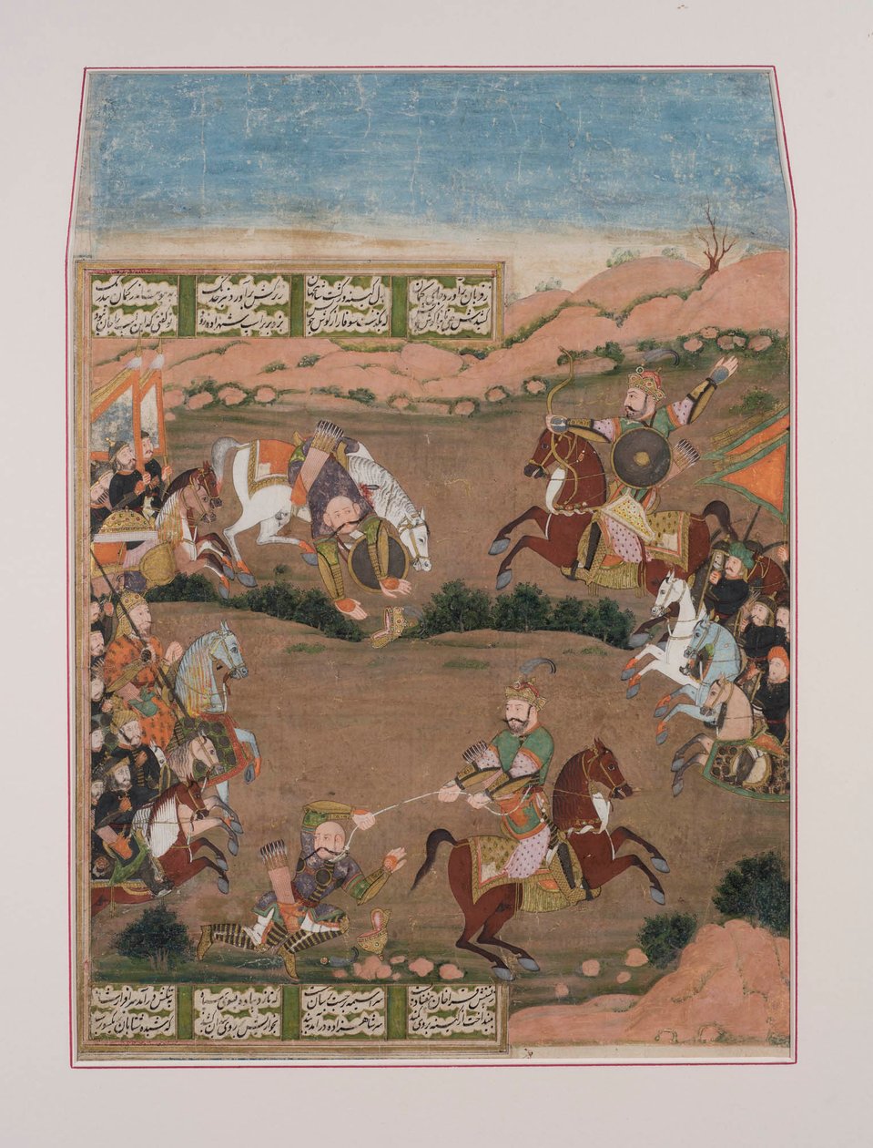 Kay-Khusrau ampuu Qara Khania Shahnamasta (guassi paperille, kultainen koristelu) tekijältä Persian School
