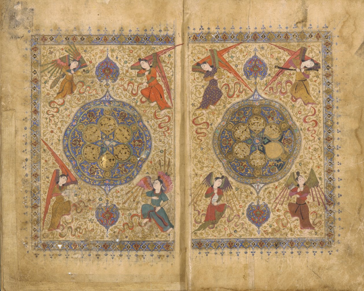 Khwaju Kirmanin Khamsa (kvintetti), Shiraz, Iran, Timurid-kausi, 1437-1438 (läpinäkymätön akvarelli, muste ja kulta paperille) tekijältä Persian School