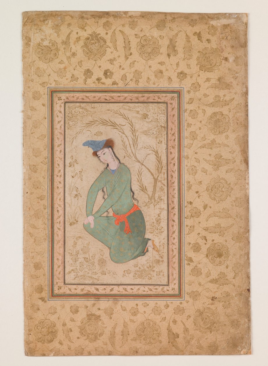 Polvistuva nuorukainen, 1600-luvun alku (akvarelli paperille) tekijältä Persian School