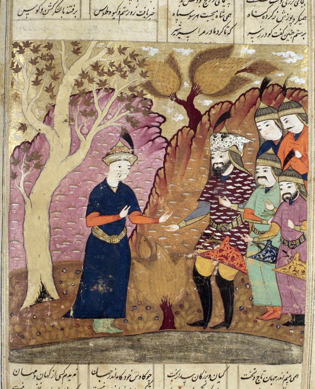 Ritarit löytämässä kaatuneen Kawuksen, kuvitus Shahnamasta (Kuninkaiden kirja), kirjoittanut Abul-Qasim Manur Firdawsi (n. 934-n. 1020) 1619 tekijältä Persian School