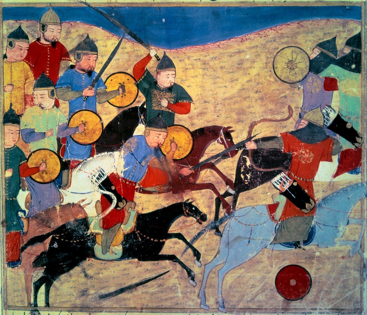 Noqain vuoto (Kara Nogai Khan (Noghai, Noqai, Nokhai, Nogay, Tšingis-kaanin pojanpoika, kuoli 1299). Mongolialaiset ratsumiehet. Persialainen käsikirjoitus maalattu "" Tarinoiden summa (Djame al-tavarikh) (Djame al-tavarikh)" ” (Folio 155v), kirjoittanut R tekijältä Persian School
