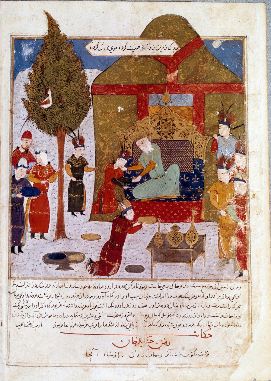 Mongolian keisari Tšingis-kaani (1167-1227) valtaistuimellaan leirillä lähellä Ilmiliä pojanpoikiensa Quibalai ja Hule Gu kanssa. Persialainen miniatyyri, jonka Jami al-Tawarikh (Jami al tawarikh) (Mongolian valtakunnan historia) on ottanut Rashid al-Din ( tekijältä Persian School