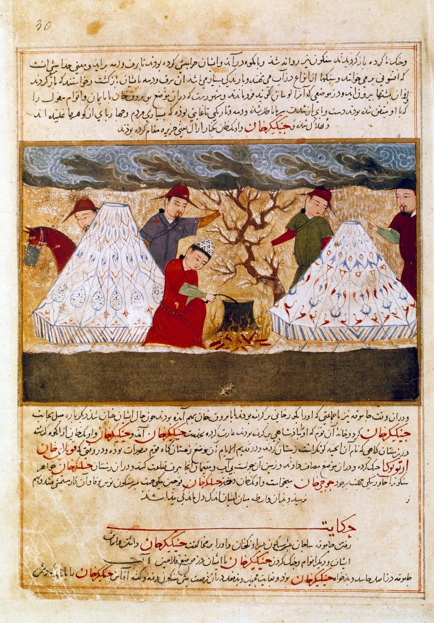 Mongolit valmistavat persialaista miniatyyriä, joka on otettu historioitsija Rashid al-dinin (al din) (1247-1318) sanasta "Jami al-tawarikh" (Jami al-tawarikh) tai "universaalista historiasta" (1247-1318) Noin 1430. Paris, B.N. tekijältä Persian School