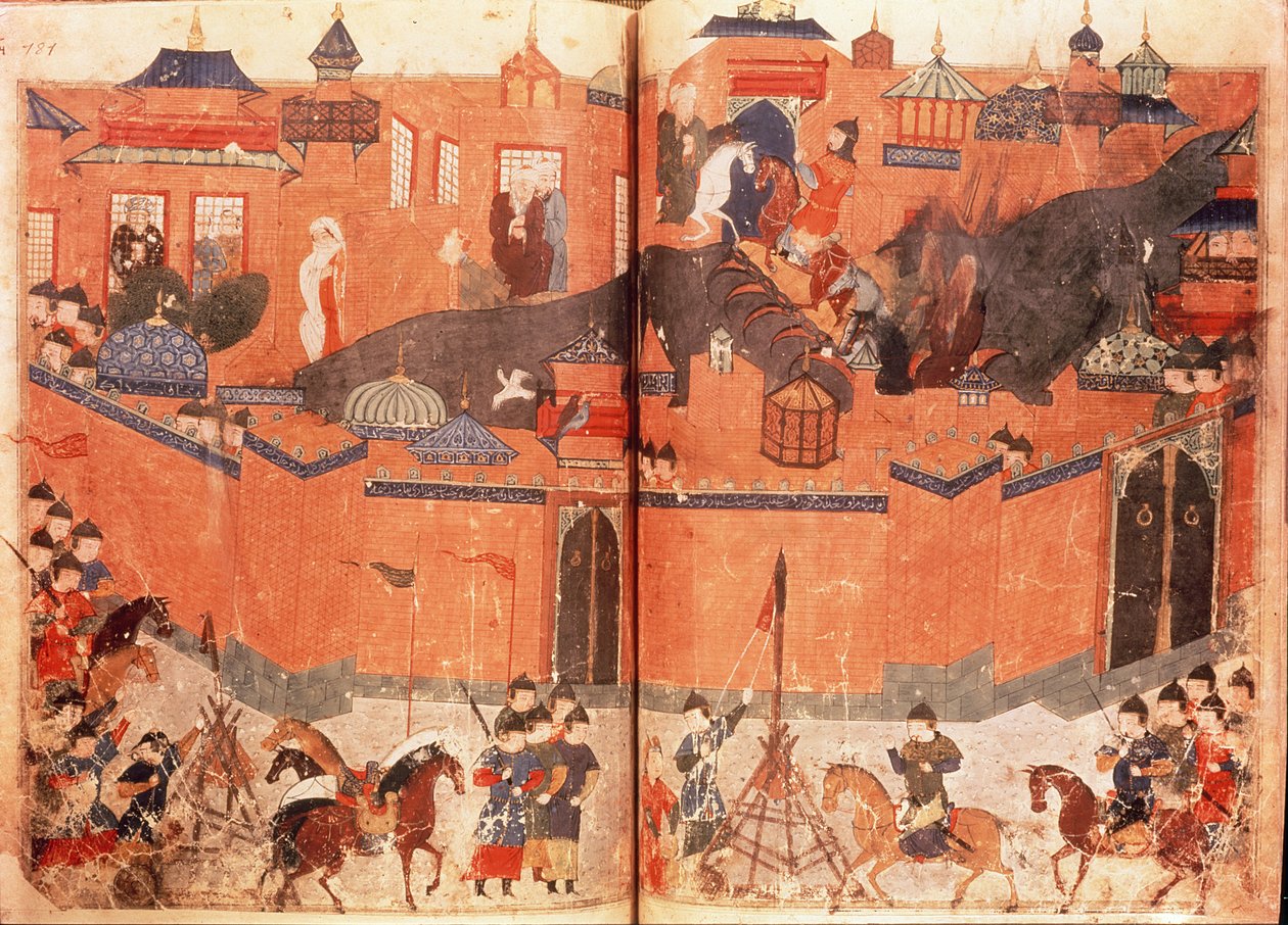 Ms.Sup.Pers.1113.f.180v-181 Mongolit Hulagu Khanin johdolla hyökkäämässä ja vangitsemassa Bagdadia vuonna 1258 Rashid al-Dinin (1247-1318) kirjasta (vellum) tekijältä Persian School