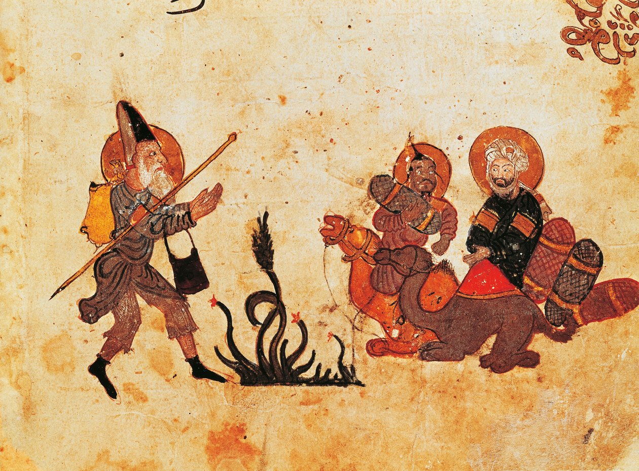 Ms Ar 3929 f.69, Abu Zayd lähtee al-Harithista pyhiinvaelluksen aikana Pohjois-Irakiin, Al Maqamatista, (Kokoukset), kuvittanut Hariri, 1200-luvun toinen neljännes (guassi vellum) (katso tekijältä Persian School