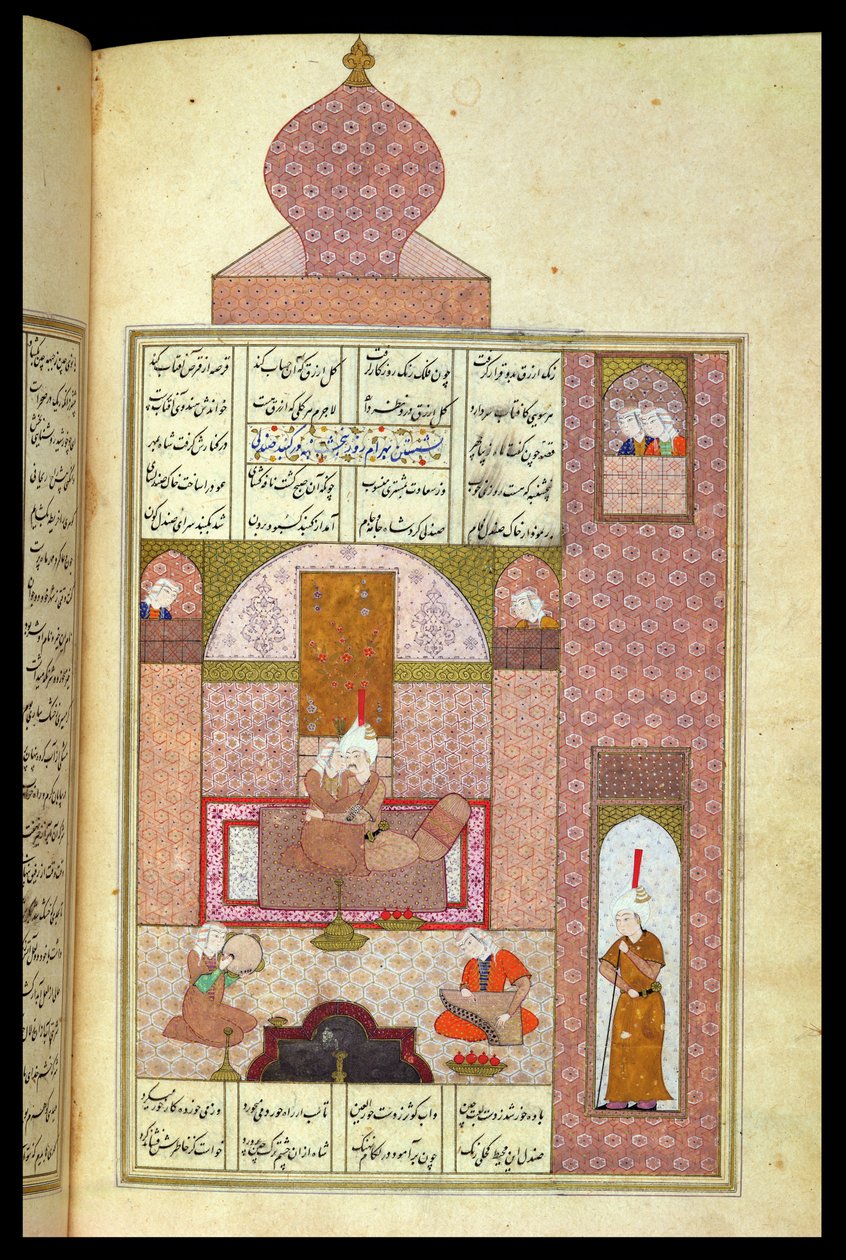 Ms D-212 fol.221b Bahram (420-28) vierailee rommin prinsessan luona, kuvitus "Seitsemän prinsessasta", 1199, Elias Nezami (1140-1209) n. 1550 (guassi paperilla) tekijältä Persian School