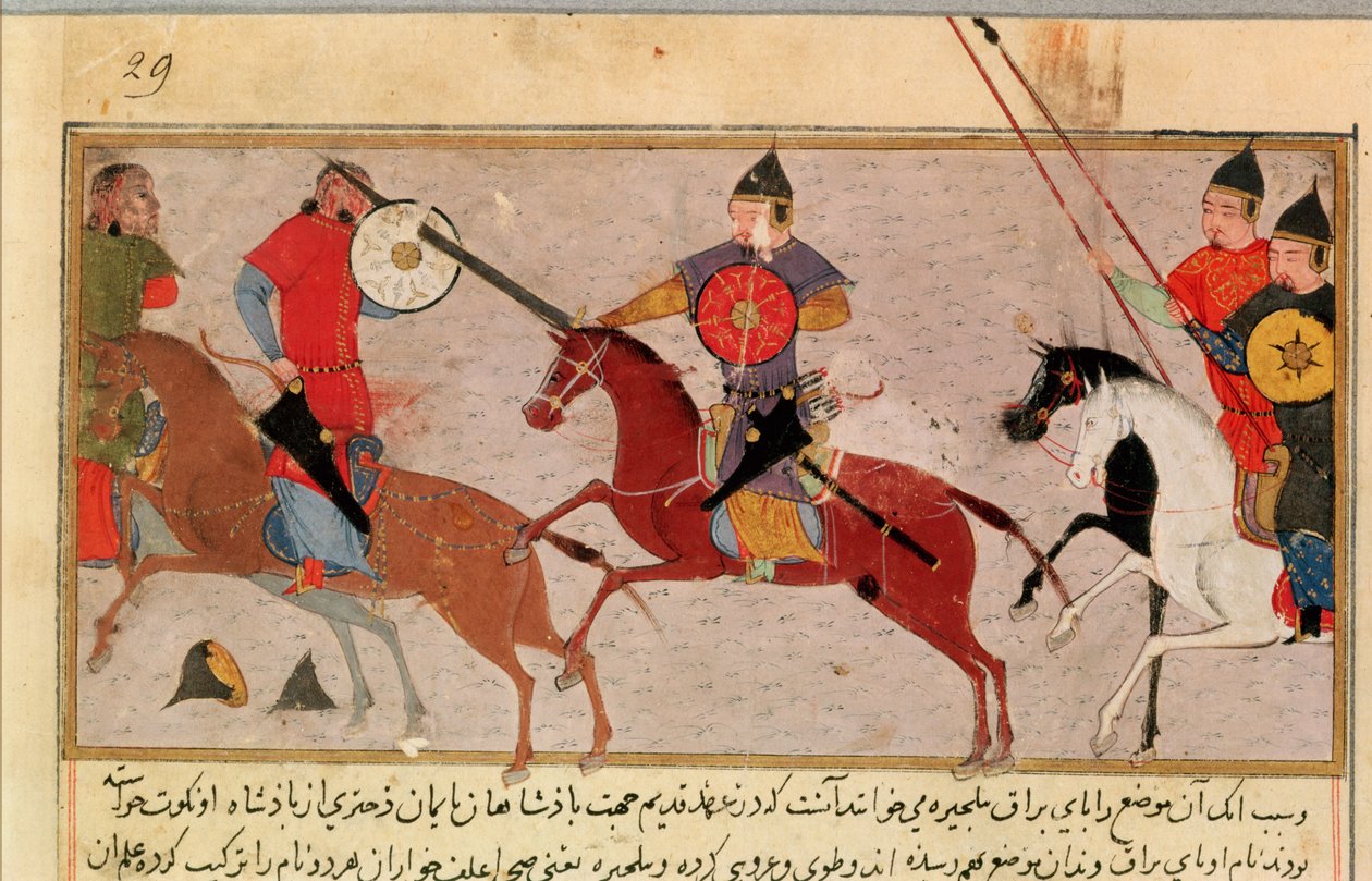 Ms Pers.113 f.29 Tšingis-kaani (n. 1162-1227) Taistelu tataareja vastaan, Rashid-al-Dinin (1247-1318) kirjasta (guassi) tekijältä Persian School