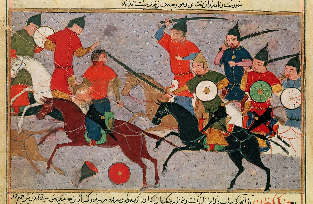 Ms Pers.113 f.49 Tšingis-kaani (n. 1162-1227) taistelussa, Rashid-al-Dinin (1247-1318) kirjasta (guassi) tekijältä Persian School