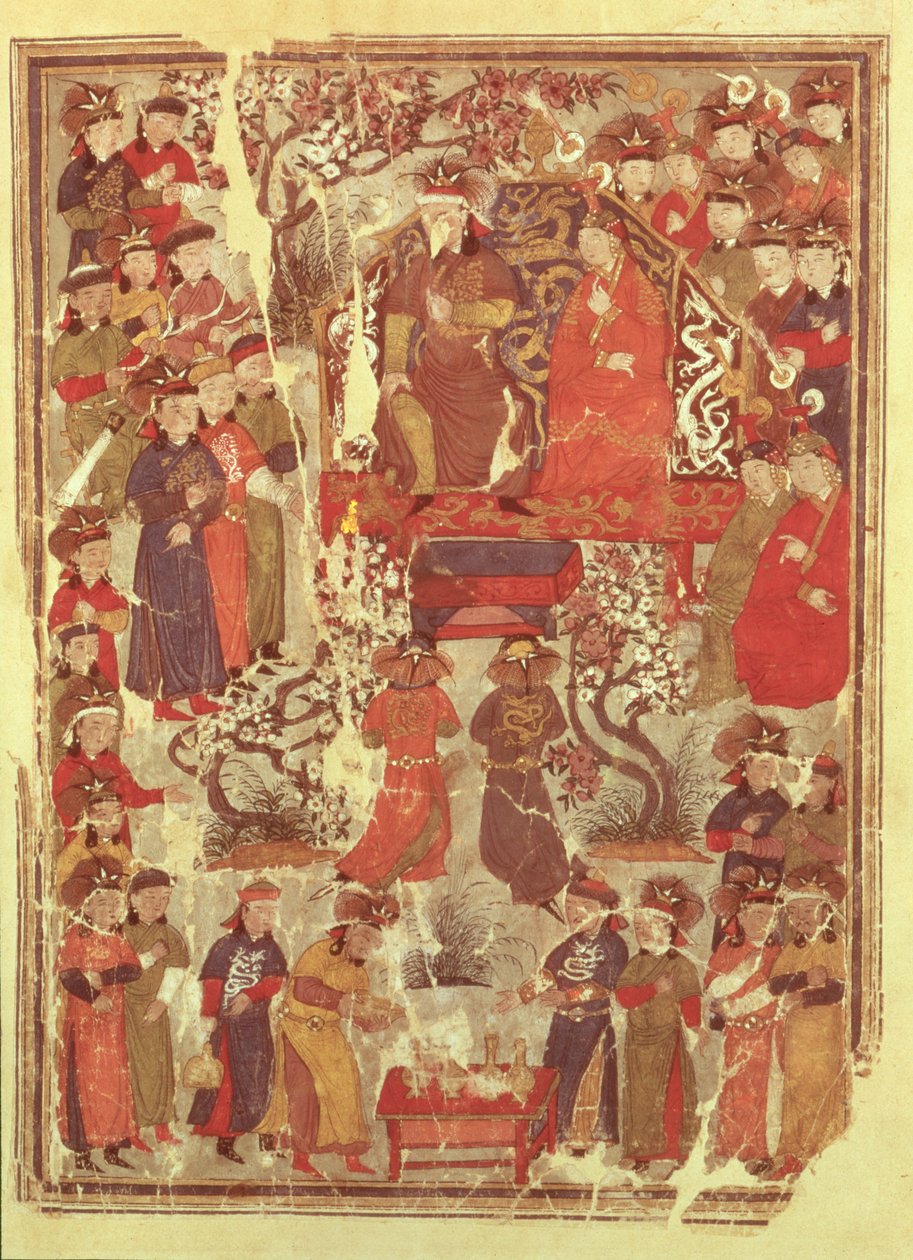 Ms. Supp. Pers. 1113 f.126v Tšingis-kaani ja hänen vaimonsa Bortei valtaistuimella hovimiesten edessä, folio Rashid ad-Dinin (1247-1318) kirjasta Jami al Tawarikh (Universal History) tekijältä Persian School