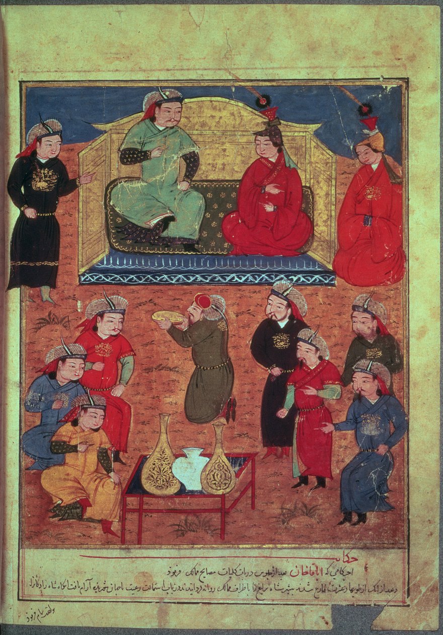 neiti tuki. Lemmikit. 1113 fol.203v Arhaan Khan kahden vaimonsa ja poikansa Ghazanin kanssa Rashid ad-Dinin (1247-1318) kirjasta tekijältä Persian School