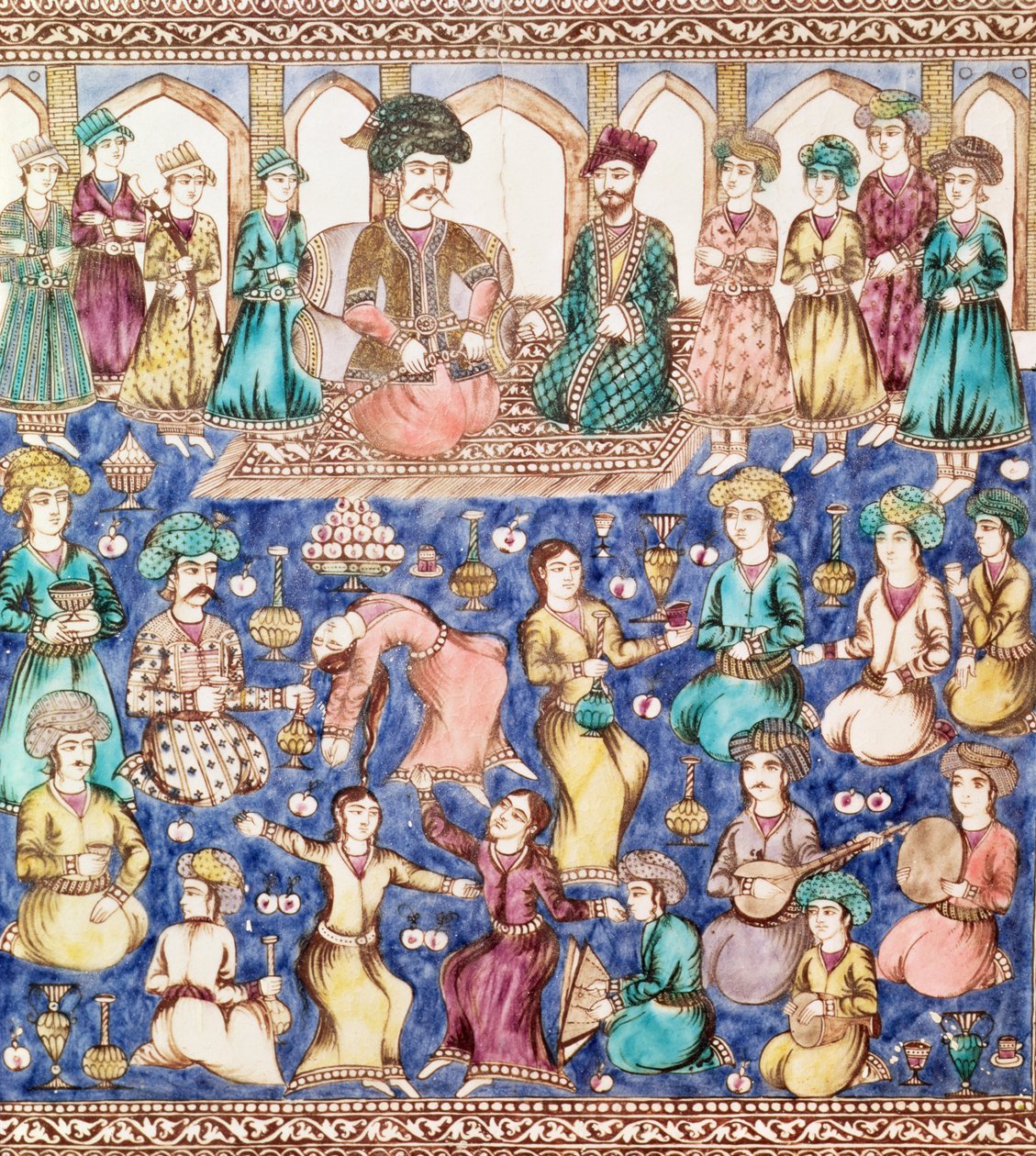Muusikot ja tanssijat Nasser al-Din Shah Qajarin (1831-96) hovissa (keramiikka) tekijältä Persian School