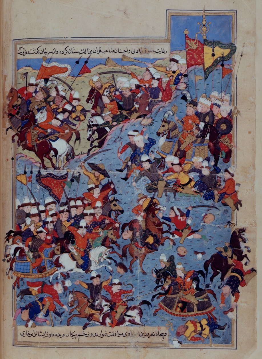 Tai 5736 fol.122v taistelu Timurin (1336-1405) ja Tuqtamish Khanin välillä vuonna 1395 Mirkhvandin "Rawzat al-Safasta" Turkista tekijältä Persian School