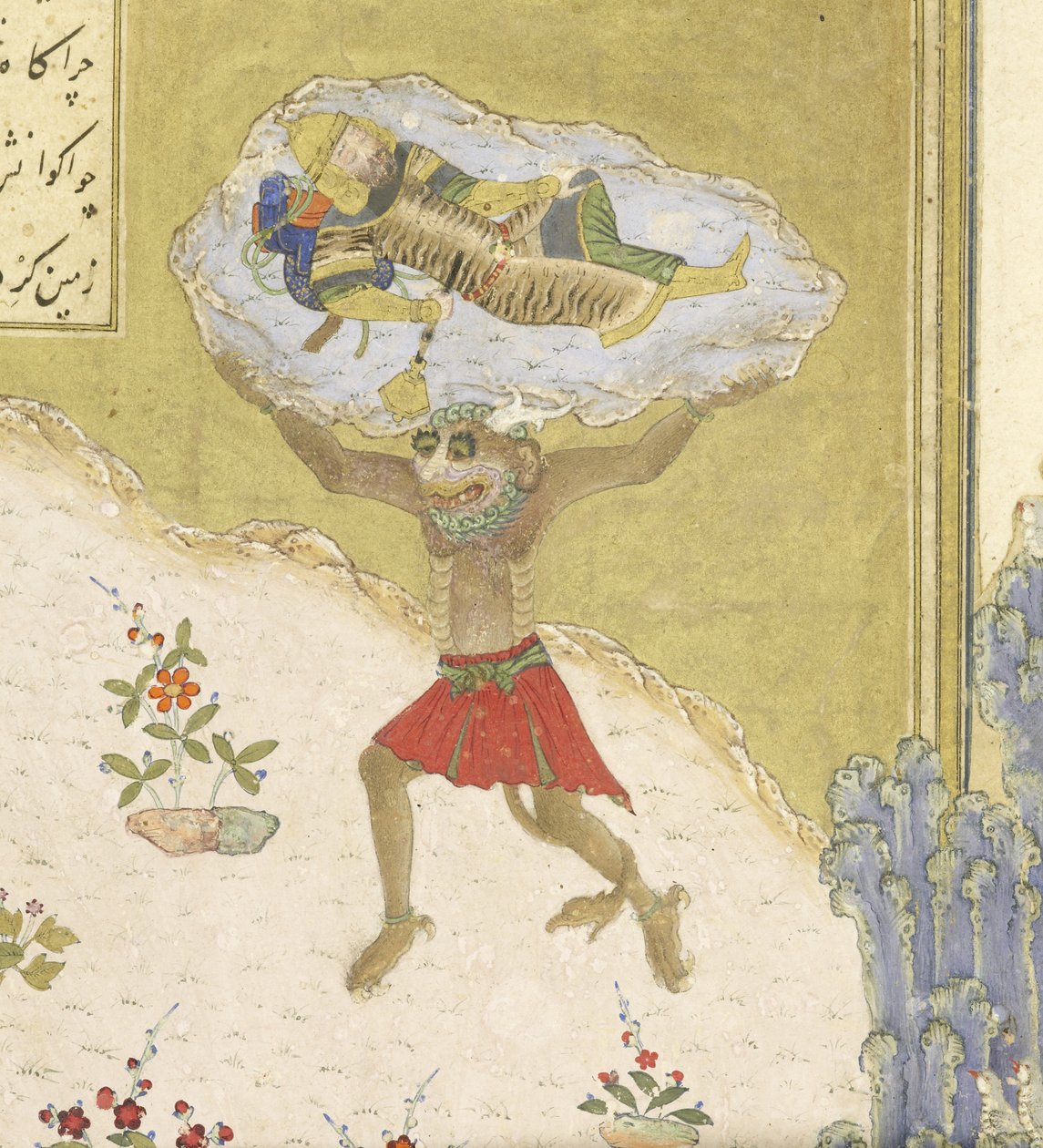 Persia 239 fol.165b Yksityiskohta: Divi Akvan nostaa nukkuvan Rustamin, kuvitus Shahnamasta (Kuninkaiden kirja), kirjoittanut Abul-Qasim Mansur Firdawsi (n.934-n.1020), 1444 tekijältä Persian School