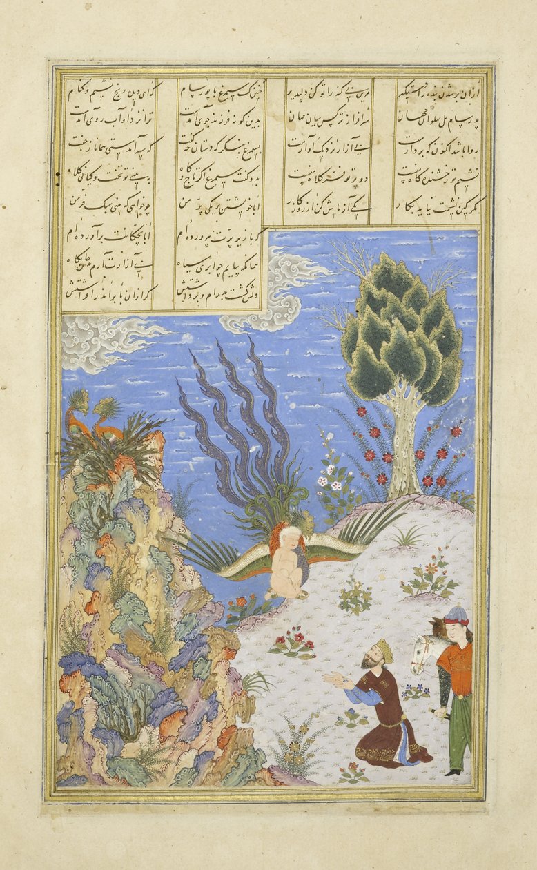 Persia 239 fol.16b Simurgh palauttaa Z?l:n S?m:ksi, kuvitus Shahnamasta (Kuninkaiden kirja), kirjoittanut Abul-Qasim Mansur Firdawsi (n.934-n.1020), 1444 tekijältä Persian School