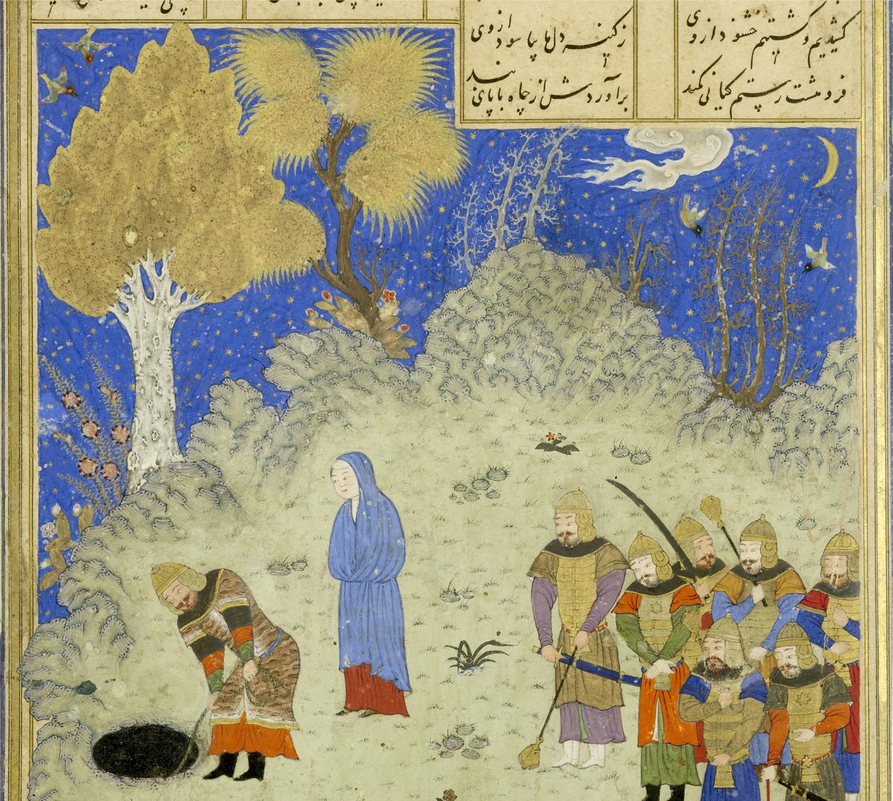 Persia 239 fol.180a Yksityiskohta: Rustam pelastaa B?zhanin kuopasta, kuva Shahnamasta (Kuninkaiden kirja), kirjoittanut Abul-Qasim Mansur Firdawsi (n.934-n.1020), 1444 tekijältä Persian School