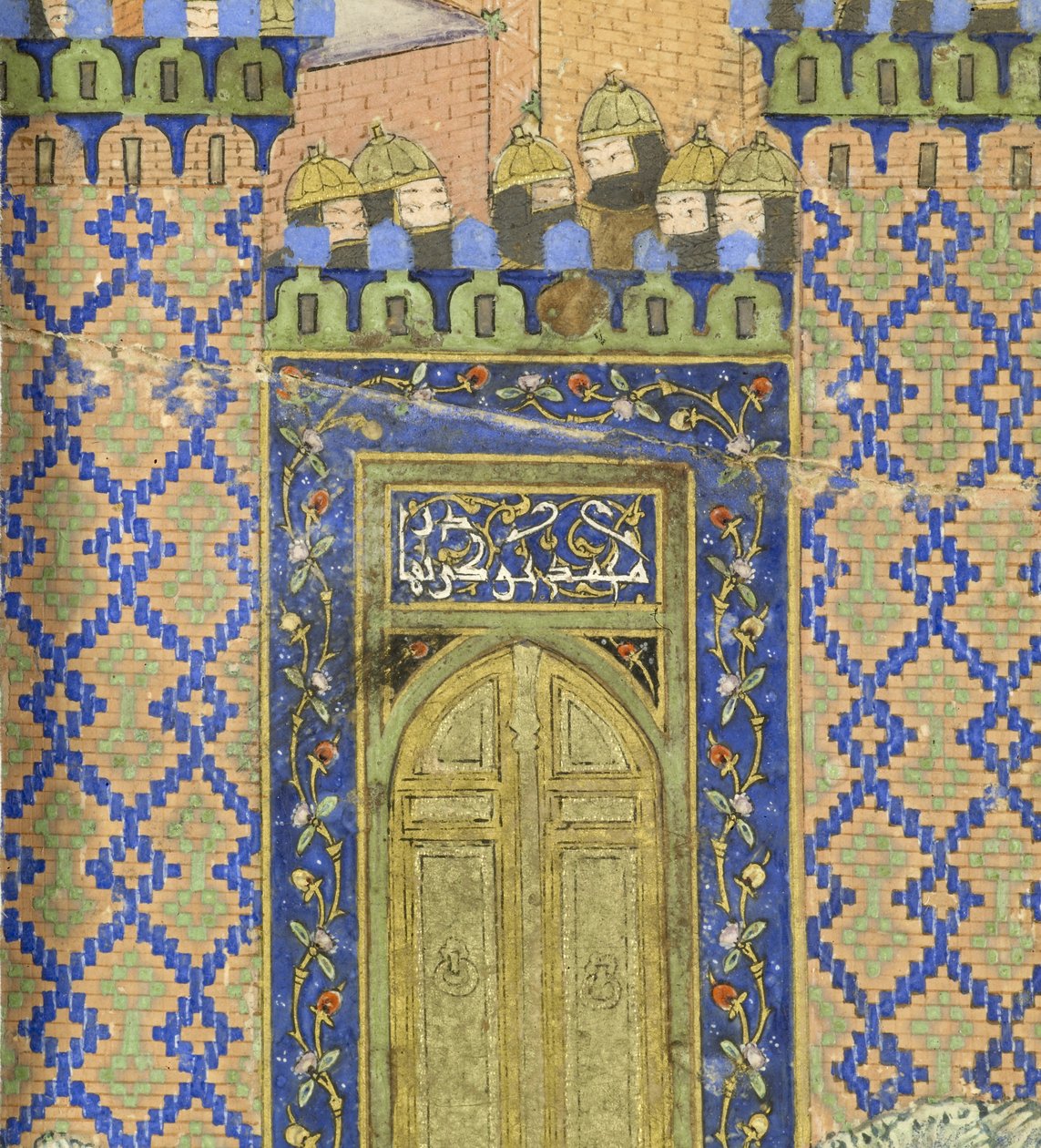 Persialainen 239 fol.278a Yksityiskohta: Isfandiy?r surmaa Arj?sp:n Brazen Holdissa, kuvitus Shahnamasta (Kuninkaiden kirja), kirjoittanut Abul-Qasim Mansur Firdawsi (n.934-n.1020), 1444 tekijältä Persian School
