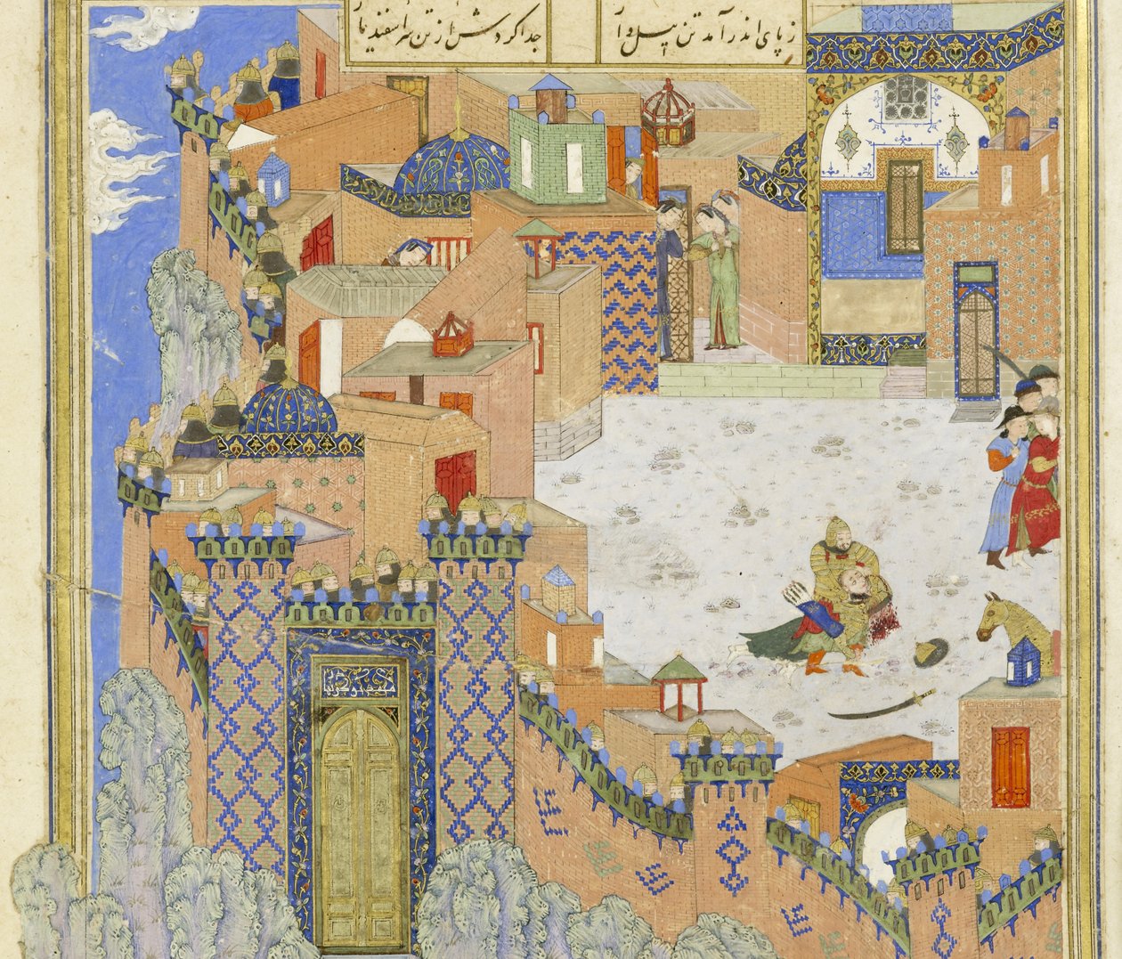 Persialainen 239 fol.278a Yksityiskohta: Isfandiy?r surmaa Arj?sp:n Brazen Holdissa, kuvitus Shahnamasta (Kuninkaiden kirja), kirjoittanut Abul-Qasim Mansur Firdawsi (n.934-n.1020), 1444 tekijältä Persian School