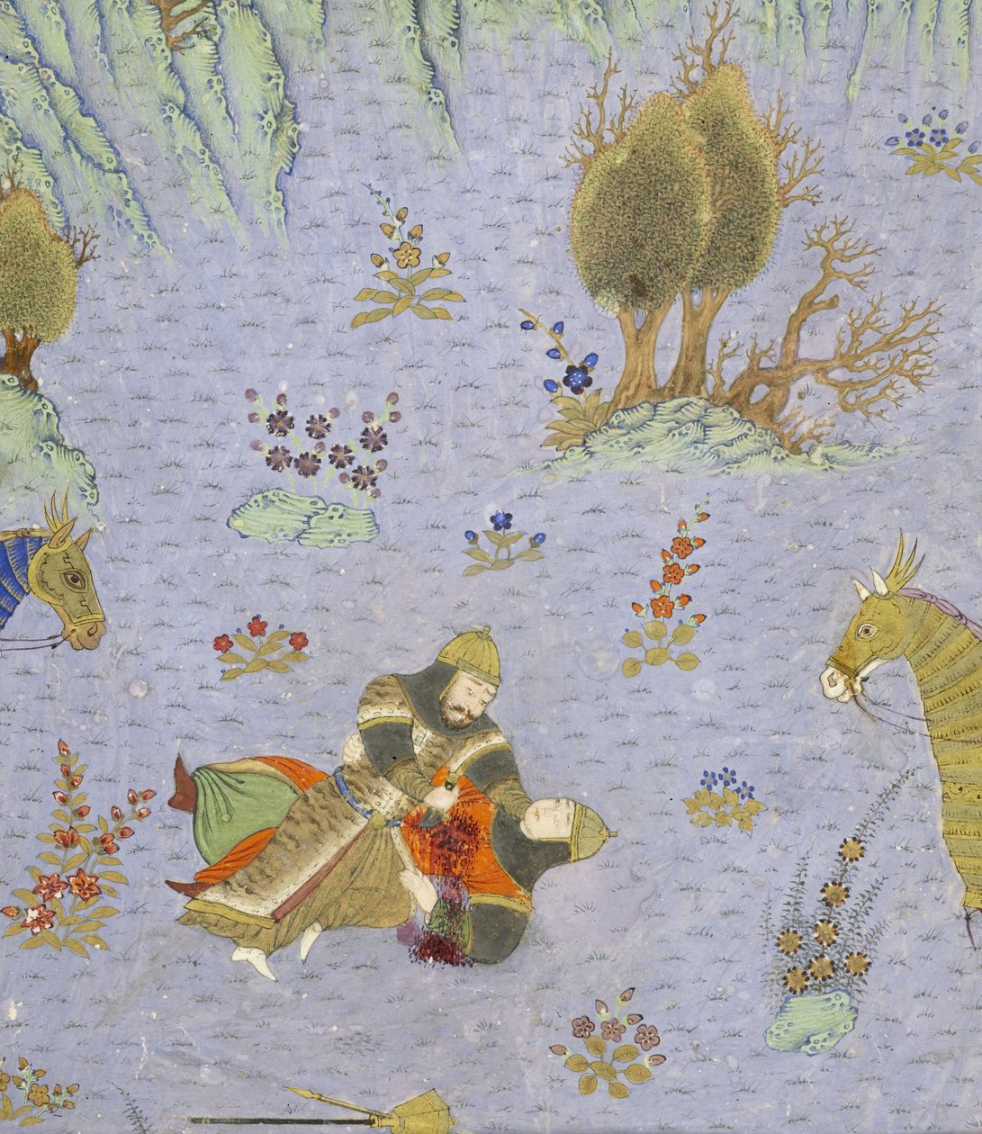 Persialainen 239 fol.67b Yksityiskohta: Rustamin surmaama Suhr?b, kuva Shahnamasta (Kuninkaiden kirja), Abul-Qasim Mansur Firdawsi (n.934-n.1020), 1444 tekijältä Persian School