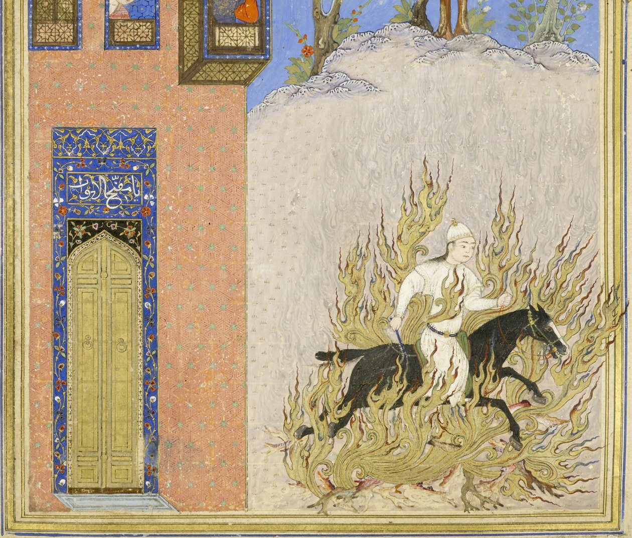 Persialainen 239 fol.76a Yksityiskohta: Siy?vushin tulikoe, kuva Shahnamasta (Kuninkaiden kirja), kirjoittanut Abul-Qasim Mansur Firdawsi (n.934-n.1020), 1444 tekijältä Persian School