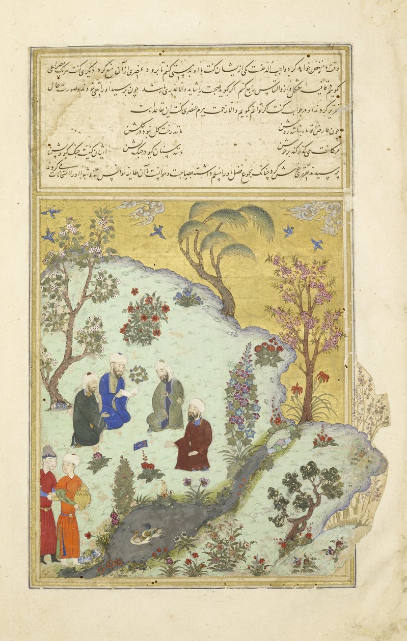 Persialainen 239 fol.7a Firdausi kohtaa Ghaznin hovirunoilijat, kuvitus Shahnamasta (Kuninkaiden kirja), kirjoittanut Abul-Qasim Mansur Firdawsi (n.934-n.1020), 1444 tekijältä Persian School