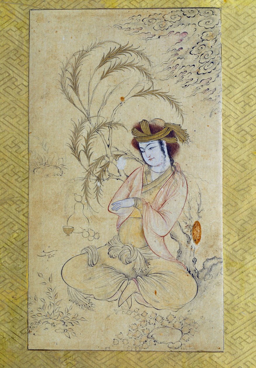 Persialainen taide: "" nuori mies palaamassa pajun alle"" Anonyymi guassi 1600-luvun Pariisista, Louvre-museo tekijältä Persian School