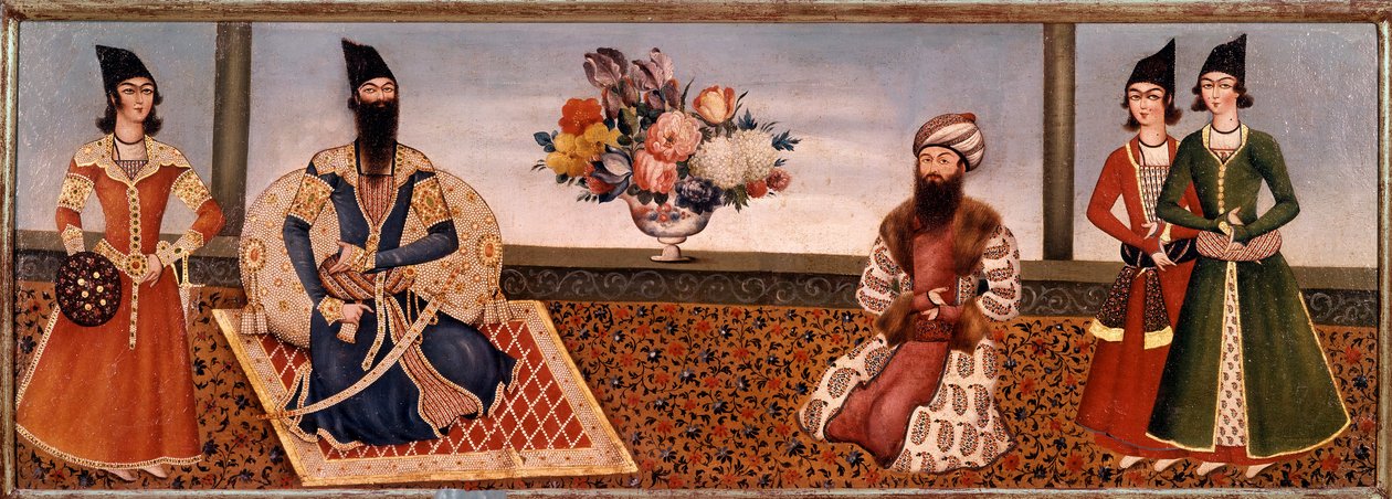 Persian kuningas Fath Ali Shah (1771-1834) ympäröi hovinsa jäseniä Shirazin koulun maalaus (Shiraz) (1800-luku) Teheran, Foroughi-kokoelma tekijältä Persian School