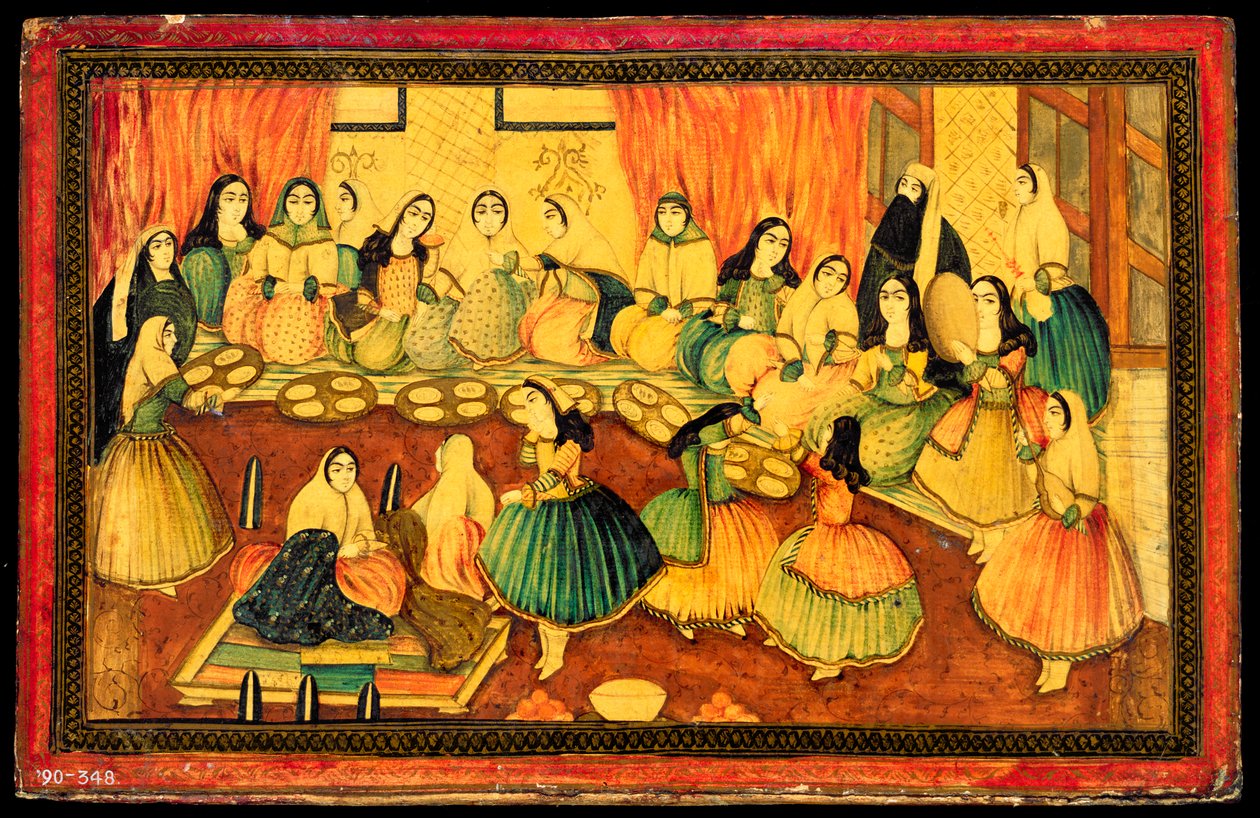 Persialaiset naisten juhlat, puolet kirjan kannesta, Iran, 1800-luku (värillinen paperimassa kullalla ja musteella) tekijältä Persian School